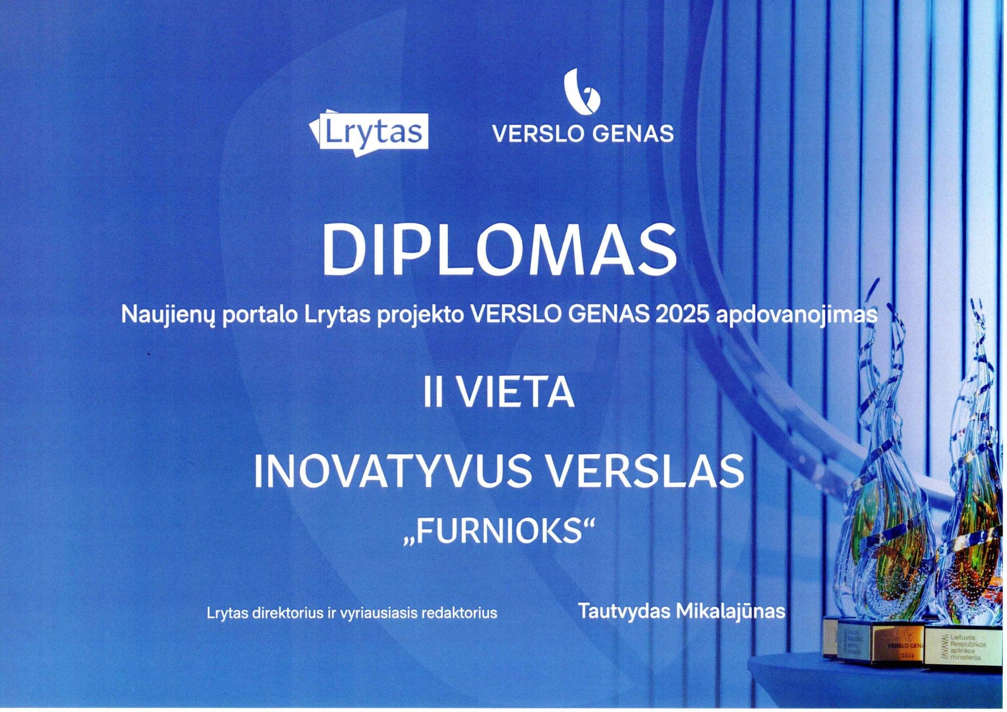 Verslo Genas Prijs 2025 diploma — 2e Plaats, Innovatief Bedrijf, toegekend aan FurniOx door Nieuwsportaal Lrytas