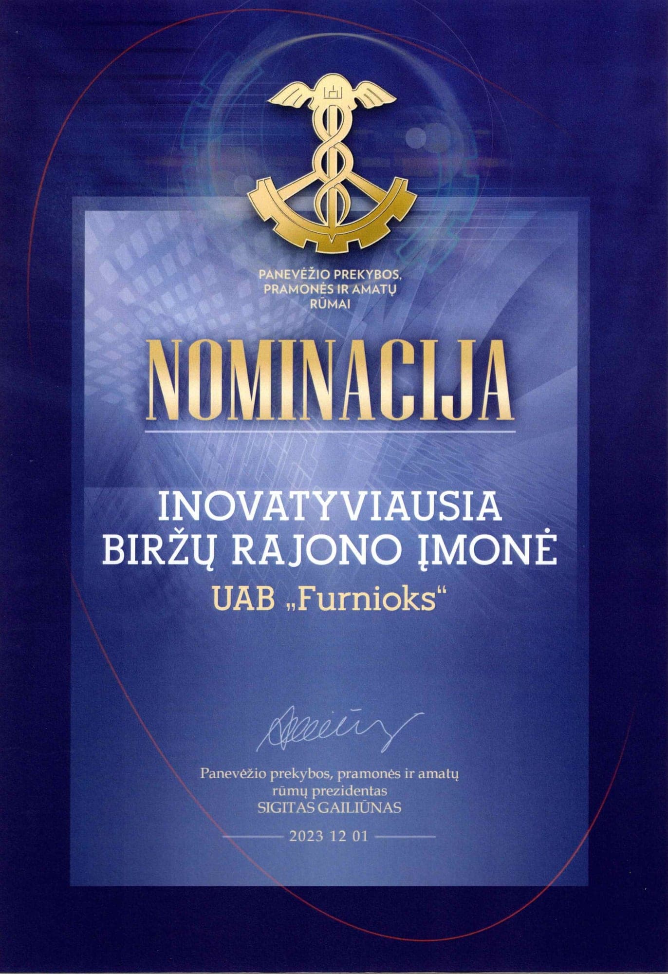 Kamer van Koophandel Prijs 2023 diploma — Meest Innovatieve Bedrijf in Biržai District, toegekend aan FurniOx door Panevėžys Kamer van Koophandel, Industrie en Ambachten